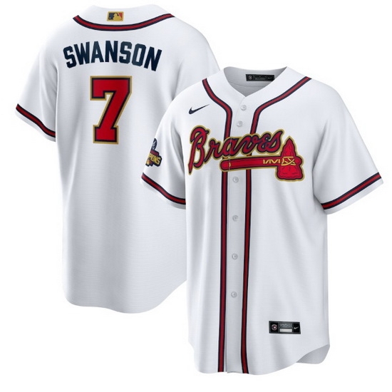 Men Atlanta Braves 237 Dansby Swanson 2022 White Gold World Series Champions Program Cool Base Stitched Baseball jersey Men Atlanta Braves 237 Dansby Swanson 2022 White Gold World Series Champions Program Cool Base Stitched Baseball jersey