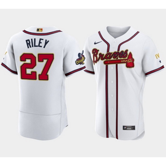 Men Atlanta Braves 27 Austin Riley 2022 White Gold World Series Champions Program Flex Base Stitched Baseball jersey Men Atlanta Braves 27 Austin Riley 2022 White Gold World Series Champions Program Flex Base Stitched Baseball jersey