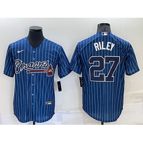 Men Atlanta Braves 27 Austin Riley Navy Cool Base Stitched Baseball Jersey Men Atlanta Braves 27 Austin Riley Navy Cool Base Stitched Baseball Jersey