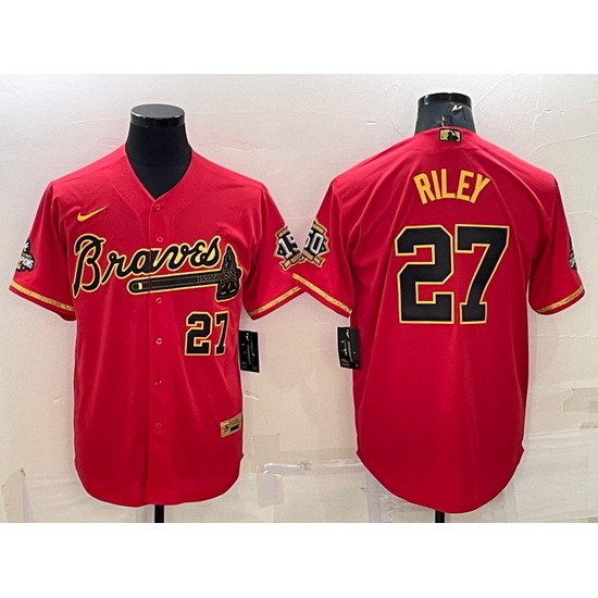 Men Atlanta Braves 27 Austin Riley Red Gold Cool Base Stitched Baseball Jersey Men Atlanta Braves 27 Austin Riley Red Gold Cool Base Stitched Baseball Jersey