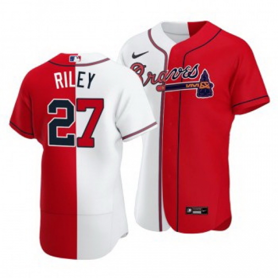 Men Atlanta Braves 27 Austin Riley Split White Red Two Tone Jersey Men Atlanta Braves 27 Austin Riley Split White Red Two Tone Jersey