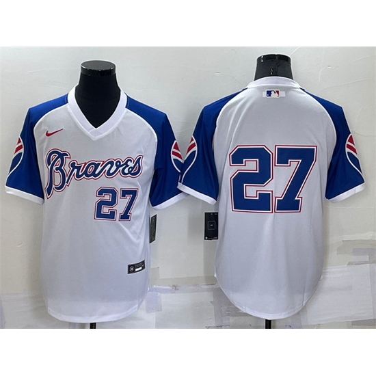 Men Atlanta Braves 27 Austin Riley White Cool Base Stitched Jersey Men Atlanta Braves 27 Austin Riley White Cool Base Stitched Jersey
