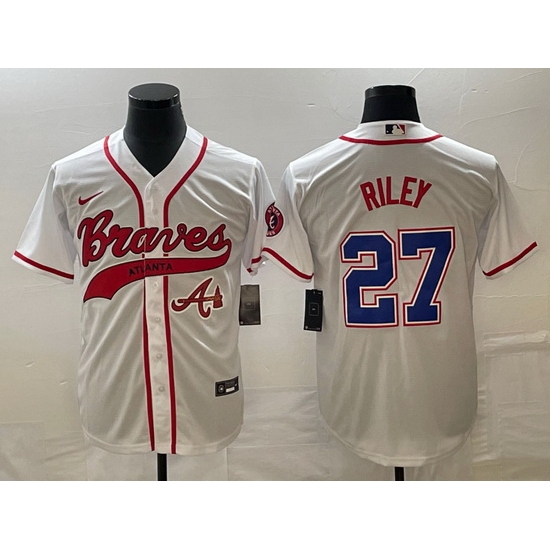 Men Atlanta Braves 27 Austin Riley White Cool Base With Patch Stitched Baseball Jersey Men Atlanta Braves 27 Austin Riley White Cool Base With Patch Stitched Baseball Jersey