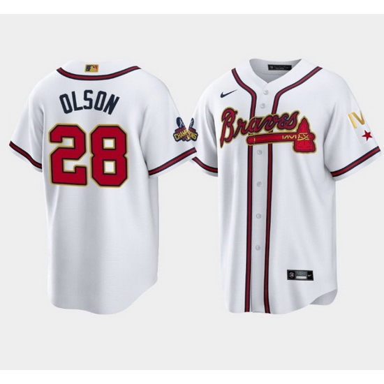 Men Atlanta Braves 28 Matt Olson 2022 White Gold World Series Champions Program Cool Base Stitched Baseball jersey Men Atlanta Braves 28 Matt Olson 2022 White Gold World Series Champions Program Cool Base Stitched Baseball jersey