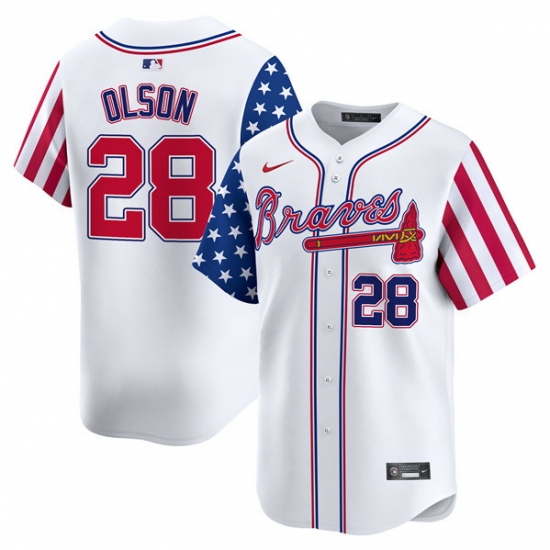 Men Atlanta Braves 28 Matt Olson White 2024 Independence Day Vapor Limited Stitched Baseball Jersey Men Atlanta Braves 28 Matt Olson White 2024 Independence Day Vapor Limited Stitched Baseball Jersey