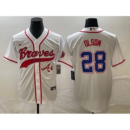 Men Atlanta Braves 28 Matt Olson White Cool Base With Patch Stitched Baseball Jersey Men Atlanta Braves 28 Matt Olson White Cool Base With Patch Stitched Baseball Jersey