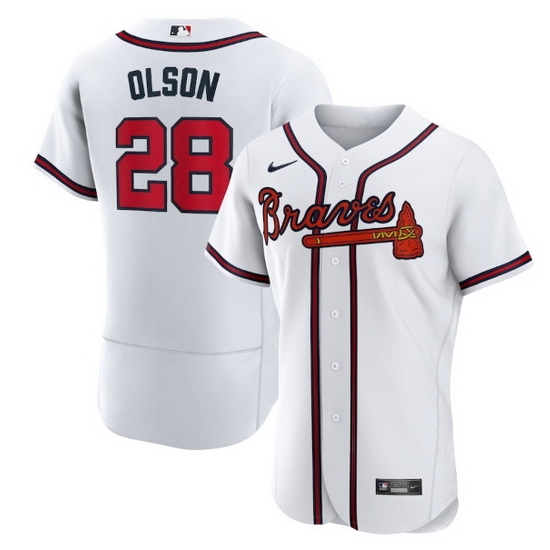 Men Atlanta Braves 28 Matt Olson White Flex Base Stitched Baseball jersey Men Atlanta Braves 28 Matt Olson White Flex Base Stitched Baseball jersey