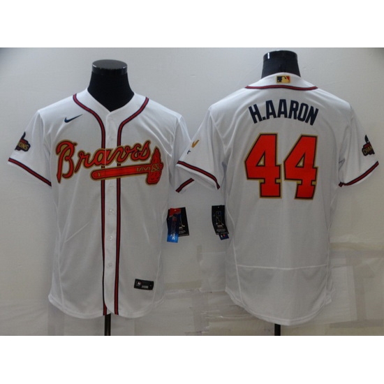 Men Atlanta Braves 44 Hank Aaron 2022 White Gold World Series Champions Program Flex Base Stitched Baseball jersey Men Atlanta Braves 44 Hank Aaron 2022 White Gold World Series Champions Program Flex Base Stitched Baseball jersey