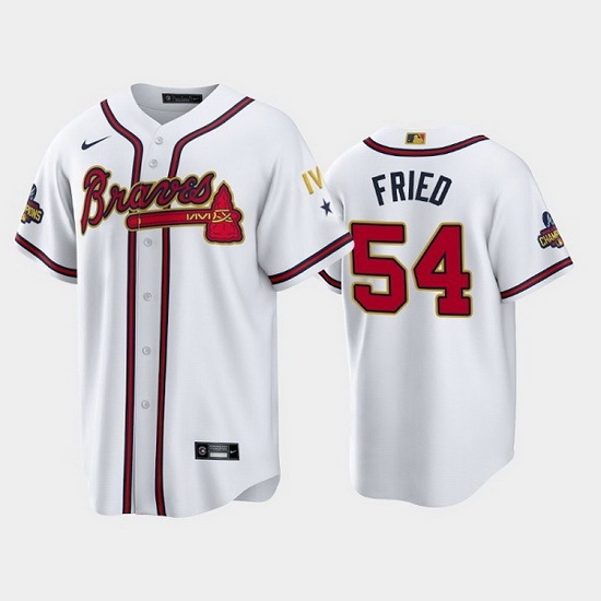 Men Atlanta Braves 54 Max Fried 2022 White Gold World Series Champions Program Cool Base Stitched Baseball jersey Men Atlanta Braves 54 Max Fried 2022 White Gold World Series Champions Program Cool Base Stitched Baseball jersey