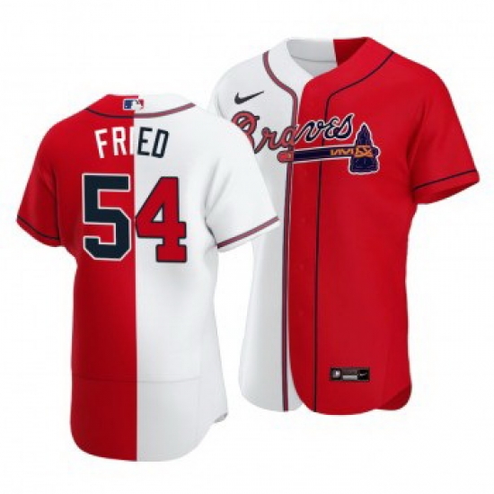 Men Atlanta Braves 54 Max Fried Split White Red Two Tone Jersey Men Atlanta Braves 54 Max Fried Split White Red Two Tone Jersey