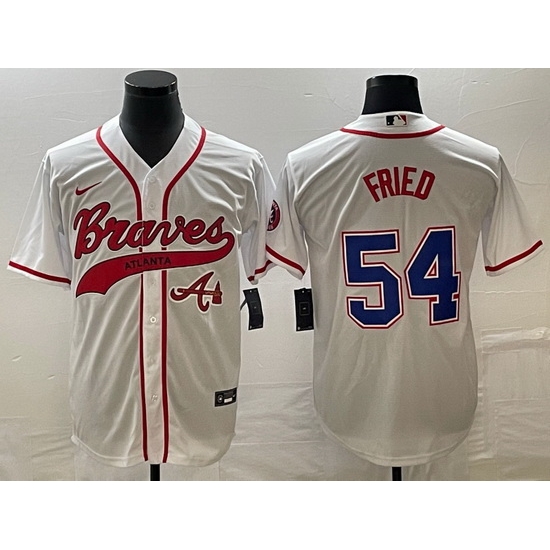 Men Atlanta Braves 54 Max Fried White Cool Base With Patch Stitched Baseball Jersey Men Atlanta Braves 54 Max Fried White Cool Base With Patch Stitched Baseball Jersey