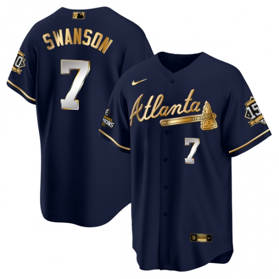 Men Atlanta Braves 7 Dansby Swanson 2021 Navy Gold World Series Champions With 150th Anniversary Patch Cool Base Stitched Jersey Men Atlanta Braves 7 Dansby Swanson 2021 Navy Gold World Series Champions With 150th Anniversary Patch Cool Base Stitched Jersey