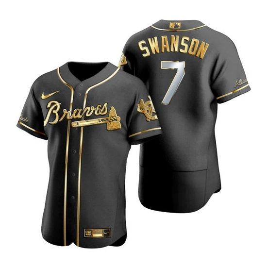 Men Atlanta Braves 7 Dansby Swanson Black Golden Flex Base Stitched Jersey Men Atlanta Braves 7 Dansby Swanson Black Golden Flex Base Stitched Jersey