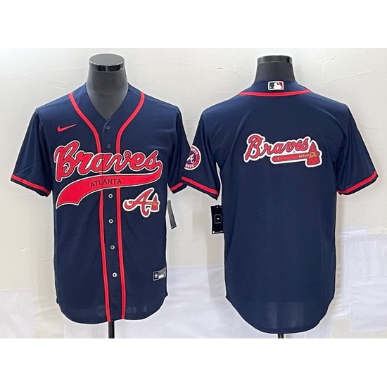Men Atlanta Braves Navy Team Big Logo Cool Base With Patch Stitched Baseball Jersey Men Atlanta Braves Navy Team Big Logo Cool Base With Patch Stitched Baseball Jersey