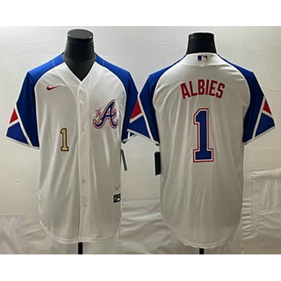 Mens Atlanta Braves #1 Ozzie Albies Number White 2023 City Connect Cool Base Stitched Jersey Mens Atlanta Braves #1 Ozzie Albies Number White 2023 City Connect Cool Base Stitched Jersey