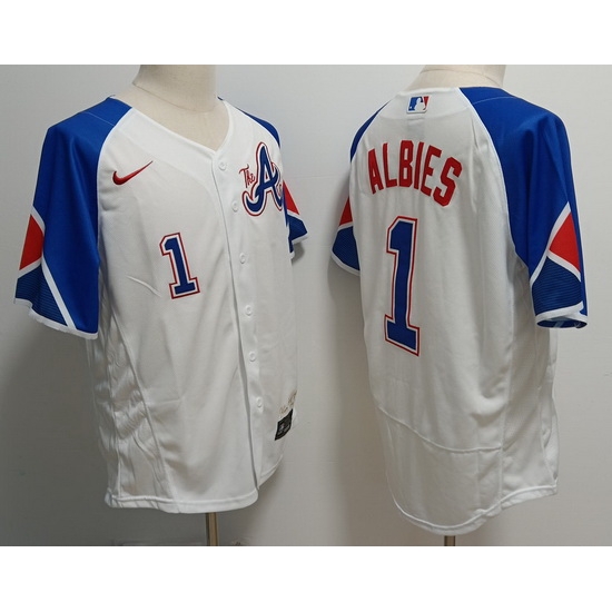 Men's Atlanta Braves #1 Ozzie Albies White 2023 City Connect Flex Base Stitched Baseball Jersey Men's Atlanta Braves #1 Ozzie Albies White 2023 City Connect Flex Base Stitched Baseball Jersey