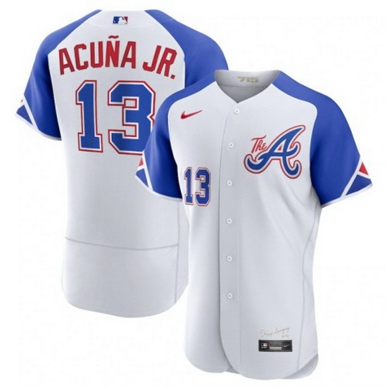 Men's Atlanta Braves #13 Ronald Acuña Jr. White 2023 City Connect Flex Base Stitched Jersey Men's Atlanta Braves #13 Ronald Acuña Jr. White 2023 City Connect Flex Base Stitched Jersey