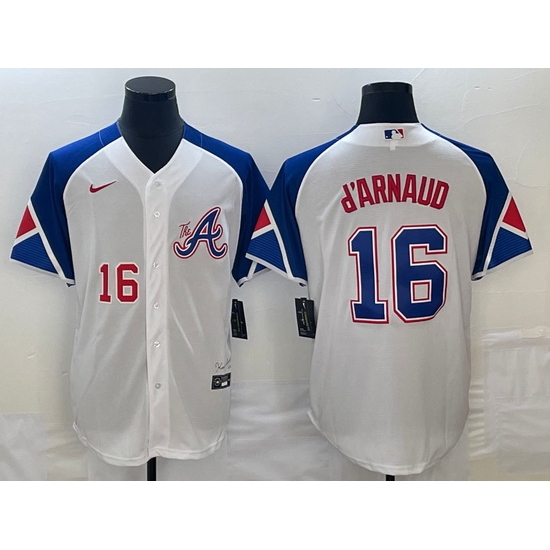Men's Atlanta Braves #16 Travis dArnaud Number White 2023 City Connect Cool Base Stitched Jersey Men's Atlanta Braves #16 Travis dArnaud Number White 2023 City Connect Cool Base Stitched Jersey