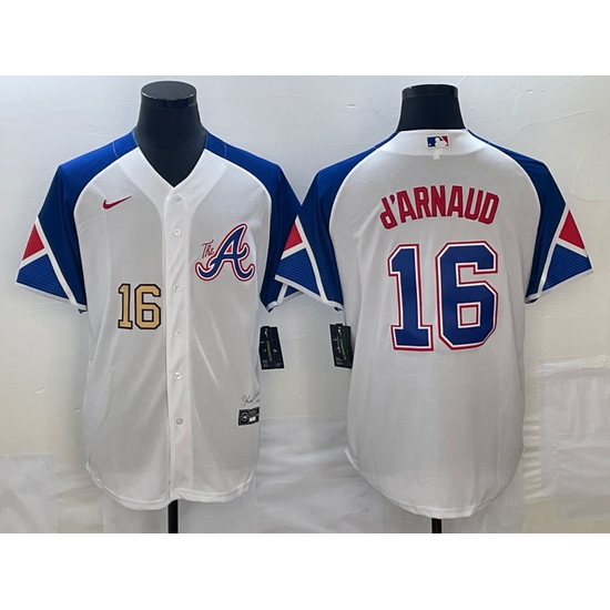 Men's Atlanta Braves #16 Travis dArnaud Number White 2023 City Connect Cool Base Stitched Jerseys Men's Atlanta Braves #16 Travis dArnaud Number White 2023 City Connect Cool Base Stitched Jerseys