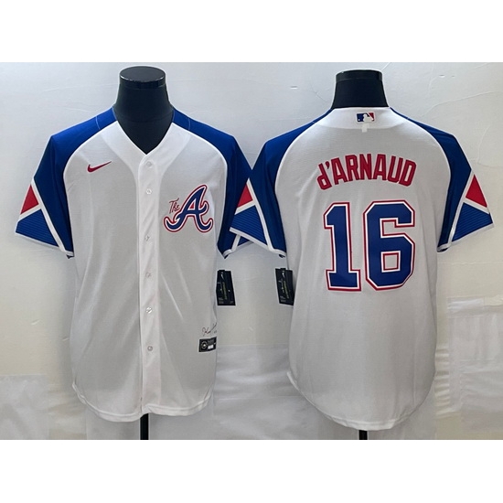 Men's Atlanta Braves #16 Travis dArnaud White 2023 City Connect Cool Base Stitched Jersey Men's Atlanta Braves #16 Travis dArnaud White 2023 City Connect Cool Base Stitched Jersey