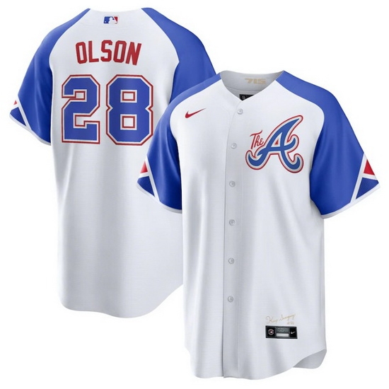 Men's Atlanta Braves #28 Matt Olson White 2023 City Connect Cool Base Stitched Baseball Jersey Men's Atlanta Braves #28 Matt Olson White 2023 City Connect Cool Base Stitched Baseball Jersey