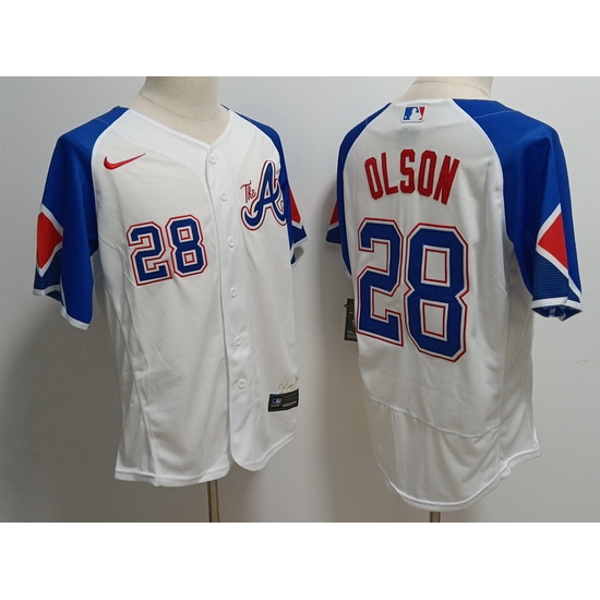 Men's Atlanta Braves #28 Matt Olson White 2023 City Connect Flex Base Stitched Baseball Jersey Men's Atlanta Braves #28 Matt Olson White 2023 City Connect Flex Base Stitched Baseball Jersey