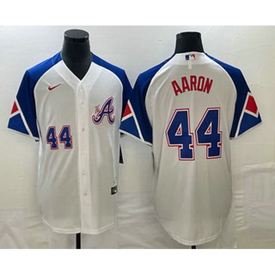 Men's Atlanta Braves #44 Hank Aaron Number White 2023 City Connect Cool Base Stitched Jersey Men's Atlanta Braves #44 Hank Aaron Number White 2023 City Connect Cool Base Stitched Jersey