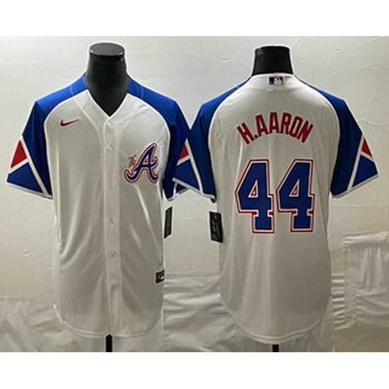 Men's Atlanta Braves #44 Hank Aaron White 2023 City Connect Cool Base Stitched Jersey Men's Atlanta Braves #44 Hank Aaron White 2023 City Connect Cool Base Stitched Jersey