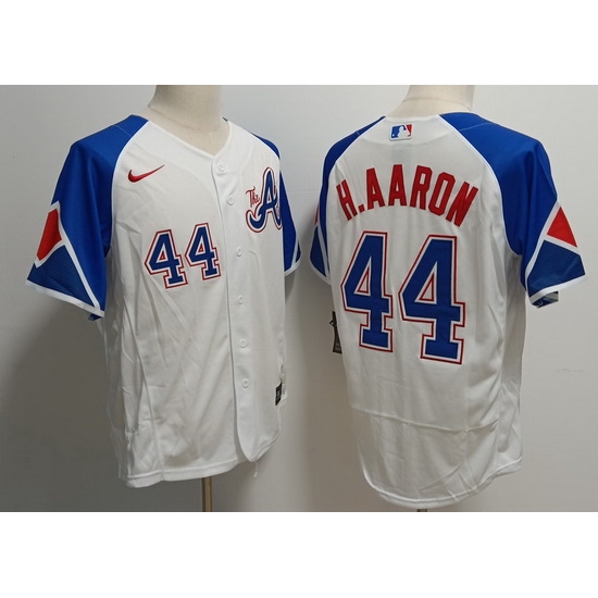 Men's Atlanta Braves #44 Hank Aaron White 2023 City Connect Flex Base Stitched Baseball Jersey Men's Atlanta Braves #44 Hank Aaron White 2023 City Connect Flex Base Stitched Baseball Jersey