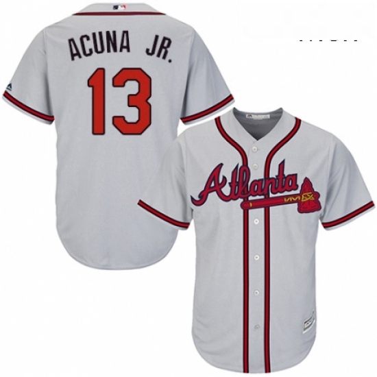 Mens Majestic Atlanta Braves 13 Ronald Acuna Jr Replica Grey Road Cool Base MLB Jersey Mens Majestic Atlanta Braves 13 Ronald Acuna Jr Replica Grey Road Cool Base MLB Jersey