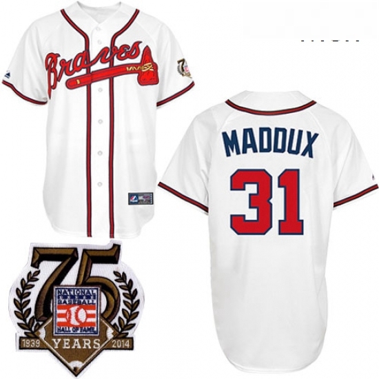 Mens Majestic Atlanta Braves 31 Greg Maddux Authentic White w75th Anniversary Commemorative Patch MLB Jersey Mens Majestic Atlanta Braves 31 Greg Maddux Authentic White w75th Anniversary Commemorative Patch MLB Jersey