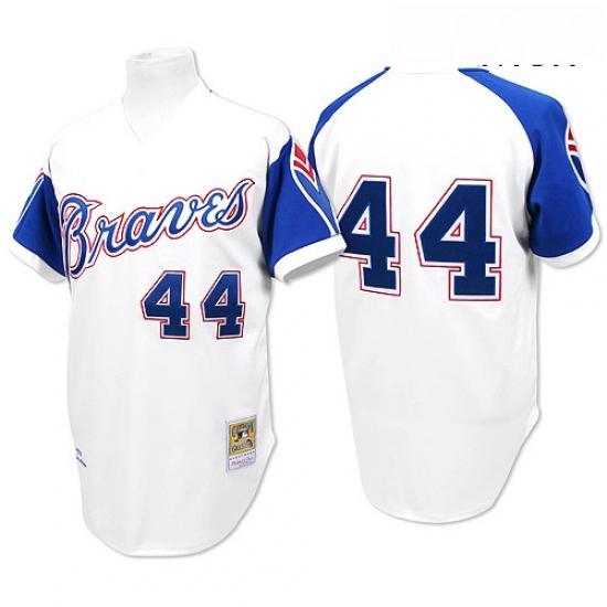 Mens Mitchell and Ness 1974 Atlanta Braves 44 Hank Aaron Authentic White Throwback MLB Jersey Mens Mitchell and Ness 1974 Atlanta Braves 44 Hank Aaron Authentic White Throwback MLB Jersey