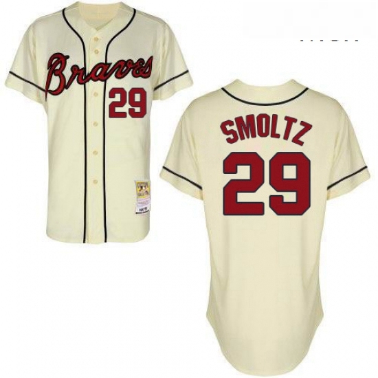 Mens Mitchell and Ness Atlanta Braves 29 John Smoltz Replica Cream Throwback MLB Jersey Mens Mitchell and Ness Atlanta Braves 29 John Smoltz Replica Cream Throwback MLB Jersey