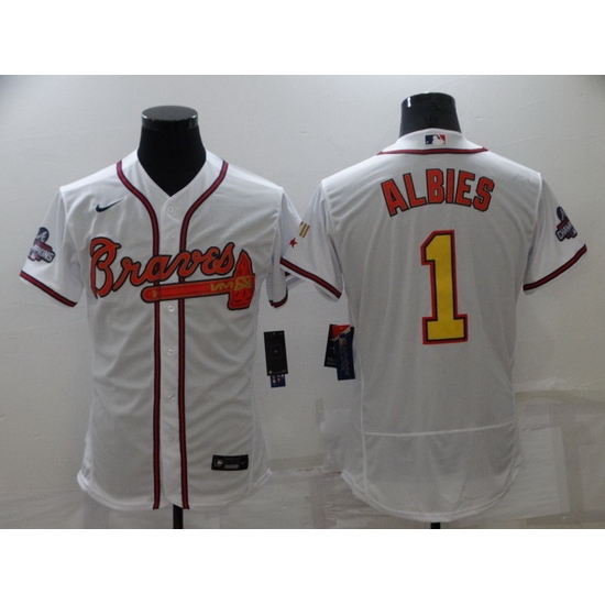Men's Nike Atlanta Braves #1 Ozzie Albies White Gold Champions MLB Jersey Men's Nike Atlanta Braves #1 Ozzie Albies White Gold Champions MLB Jersey