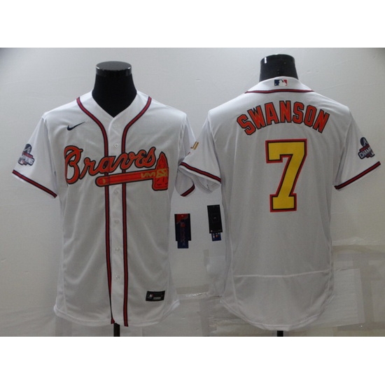 Men's Nike Atlanta Braves #7 Dansby Swanson White Gold Champions MLB Jersey Men's Nike Atlanta Braves #7 Dansby Swanson White Gold Champions MLB Jersey