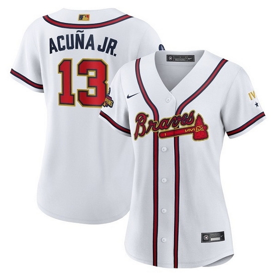 Women Atlanta Braves 13 Ronald Acuna Jr 2022 White Gold World Series Champions Program Stitched Jersey Women Atlanta Braves 13 Ronald Acuna Jr 2022 White Gold World Series Champions Program Stitched Jersey