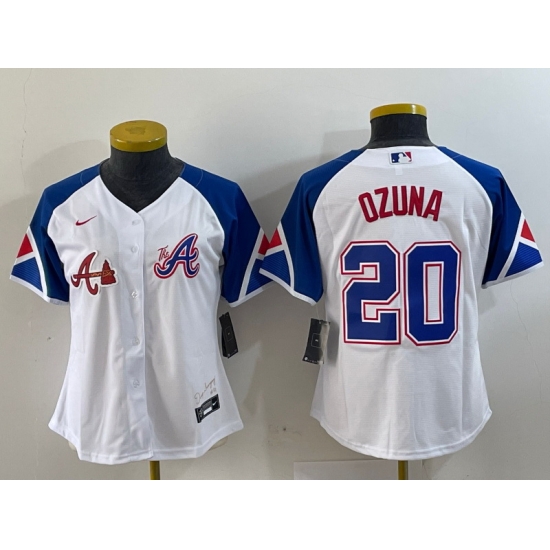 Women Atlanta Braves 20 Marcell Ozuna White 2023 City Connect Stitched Baseball Jersey 5 Women Atlanta Braves 20 Marcell Ozuna White 2023 City Connect Stitched Baseball Jersey 5
