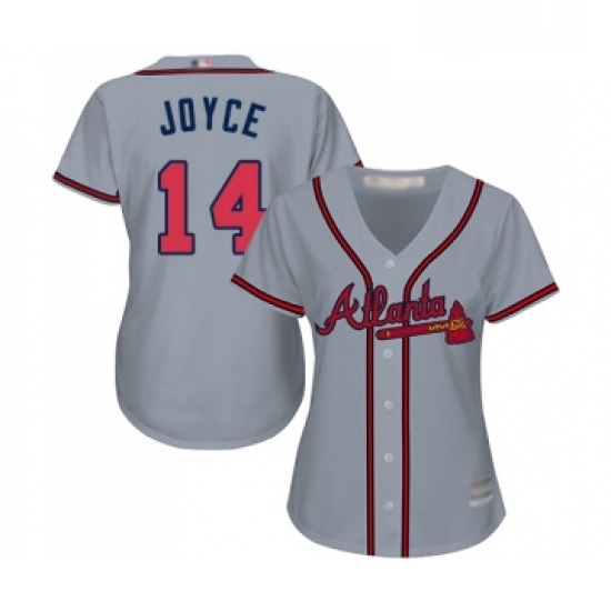 Womens Atlanta Braves 14 Matt Joyce Replica Grey Road Cool Base Baseball Jersey Womens Atlanta Braves 14 Matt Joyce Replica Grey Road Cool Base Baseball Jersey