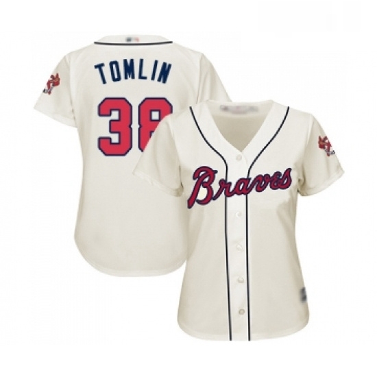 Womens Atlanta Braves 38 Josh Tomlin Replica Cream Alternate 2 Cool Base Baseball Jersey Womens Atlanta Braves 38 Josh Tomlin Replica Cream Alternate 2 Cool Base Baseball Jersey