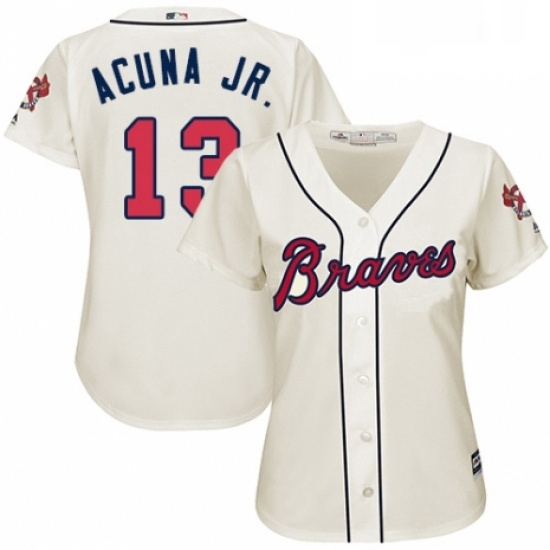 Womens Majestic Atlanta Braves 13 Ronald Acuna Jr Authentic Cream Alternate 2 Cool Base MLB Jersey Womens Majestic Atlanta Braves 13 Ronald Acuna Jr Authentic Cream Alternate 2 Cool Base MLB Jersey