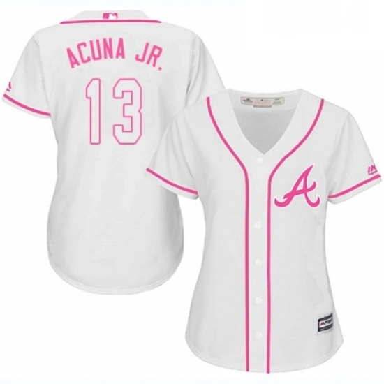 Womens Majestic Atlanta Braves 13 Ronald Acuna Jr Authentic White Fashion Cool Base MLB Jersey Womens Majestic Atlanta Braves 13 Ronald Acuna Jr Authentic White Fashion Cool Base MLB Jersey
