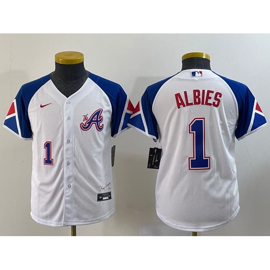 Youth Atlanta Braves 1 Ozzie Albies White 2023 City Connect With Patch Stitched Baseball Jersey Youth Atlanta Braves 1 Ozzie Albies White 2023 City Connect With Patch Stitched Baseball Jersey