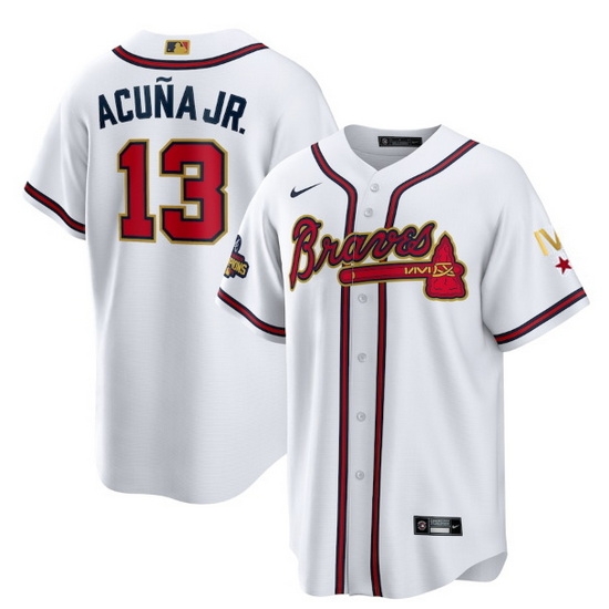 Youth Atlanta Braves 13 Ronald Acuna Jr 2022 White Gold World Series Champions Program Cool Base Stitched Jersey Youth Atlanta Braves 13 Ronald Acuna Jr 2022 White Gold World Series Champions Program Cool Base Stitched Jersey