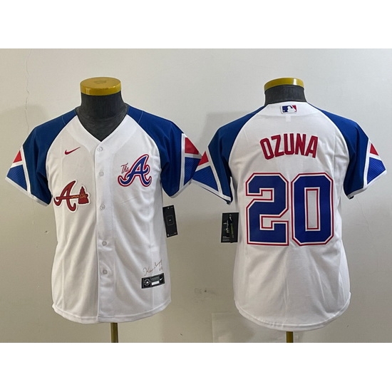 Youth Atlanta Braves 20 Marcell Ozuna White 2023 City Connect Stitched Baseball Jersey 3 Youth Atlanta Braves 20 Marcell Ozuna White 2023 City Connect Stitched Baseball Jersey 3
