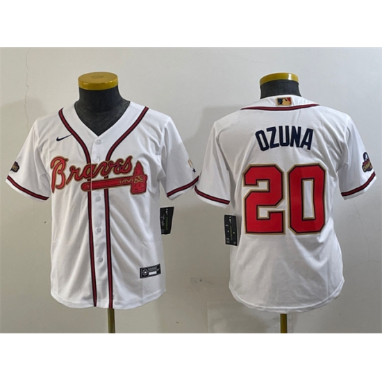 Youth Atlanta Braves 20 Marcell Ozuna White Gold World Series Champions Program Stitched Jersey Youth Atlanta Braves 20 Marcell Ozuna White Gold World Series Champions Program Stitched Jersey