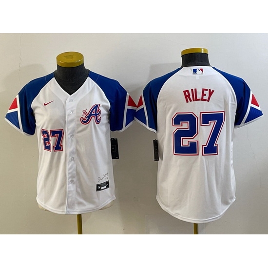 Youth Atlanta Braves 27 Austin Riley White 2023 City Connect With Patch Stitched Baseball Youth Atlanta Braves 27 Austin Riley White 2023 City Connect With Patch Stitched Baseball