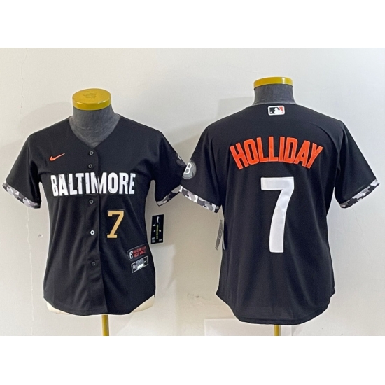 Women Baltimore Orioles 7 Jackson Holliday Black 2023 City Connect Cool base jerseys 2 Women Baltimore Orioles 7 Jackson Holliday Black 2023 City Connect Cool base jerseys 2