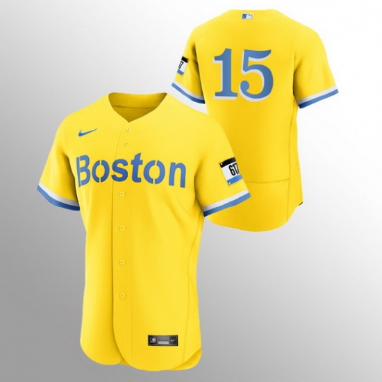 Men Boston Red Sox 15 Dustin Pedroia Men Nike 2021 City Connect Gold Authentic MLB Jersey No Name Men Boston Red Sox 15 Dustin Pedroia Men Nike 2021 City Connect Gold Authentic MLB Jersey No Name