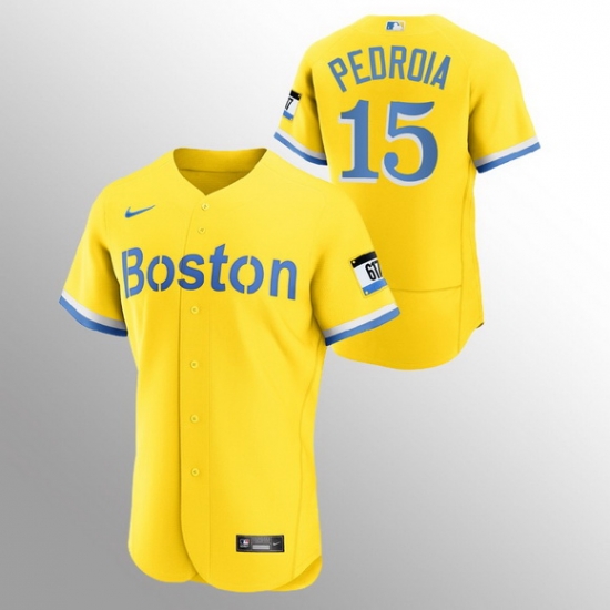 Men Boston Red Sox 15 Dustin Pedroia Men Nike 2021 City Connect Gold Authentic MLB Jersey Men Boston Red Sox 15 Dustin Pedroia Men Nike 2021 City Connect Gold Authentic MLB Jersey