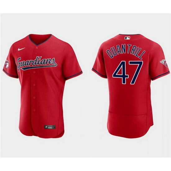 Men Cleveland Guardians 47 Cal Quantrill Red Flex Base Stitched Jersey Men Cleveland Guardians 47 Cal Quantrill Red Flex Base Stitched Jersey